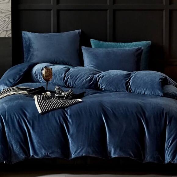 🆕 Blue Velvet Duvet Set King Luxury Hotel Vibes Cozy Bedding - Picture 7 of 8